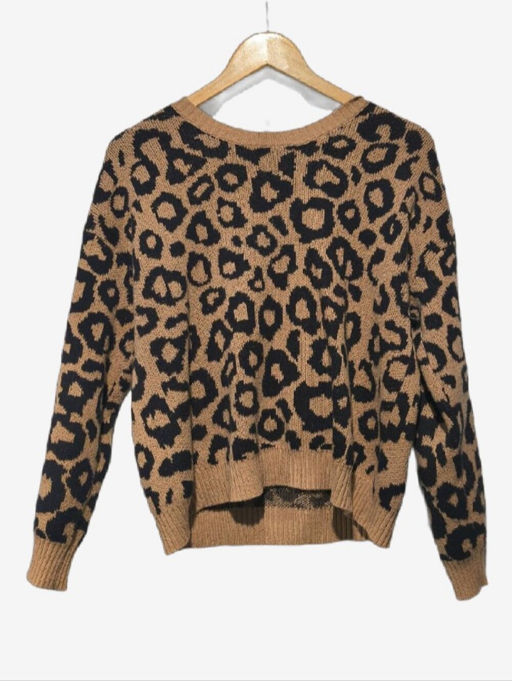 BCBGMAXAZRIA Camel Black Leopard Animal Print Knit Crewneck Sweater Small